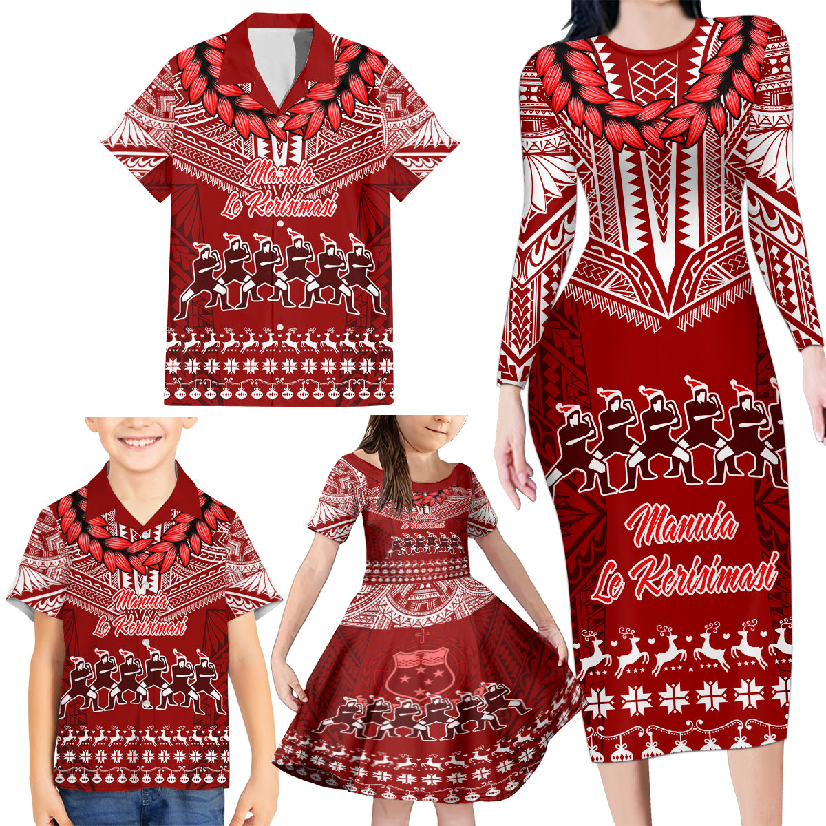 Personalised Toa Samoa Christmas Family Matching Long Sleeve Bodycon Dress and Hawaiian Shirt Samoa Siva Tau Manuia Le Kerisimasi Red Vibe LT9 - Wonder Print Shop