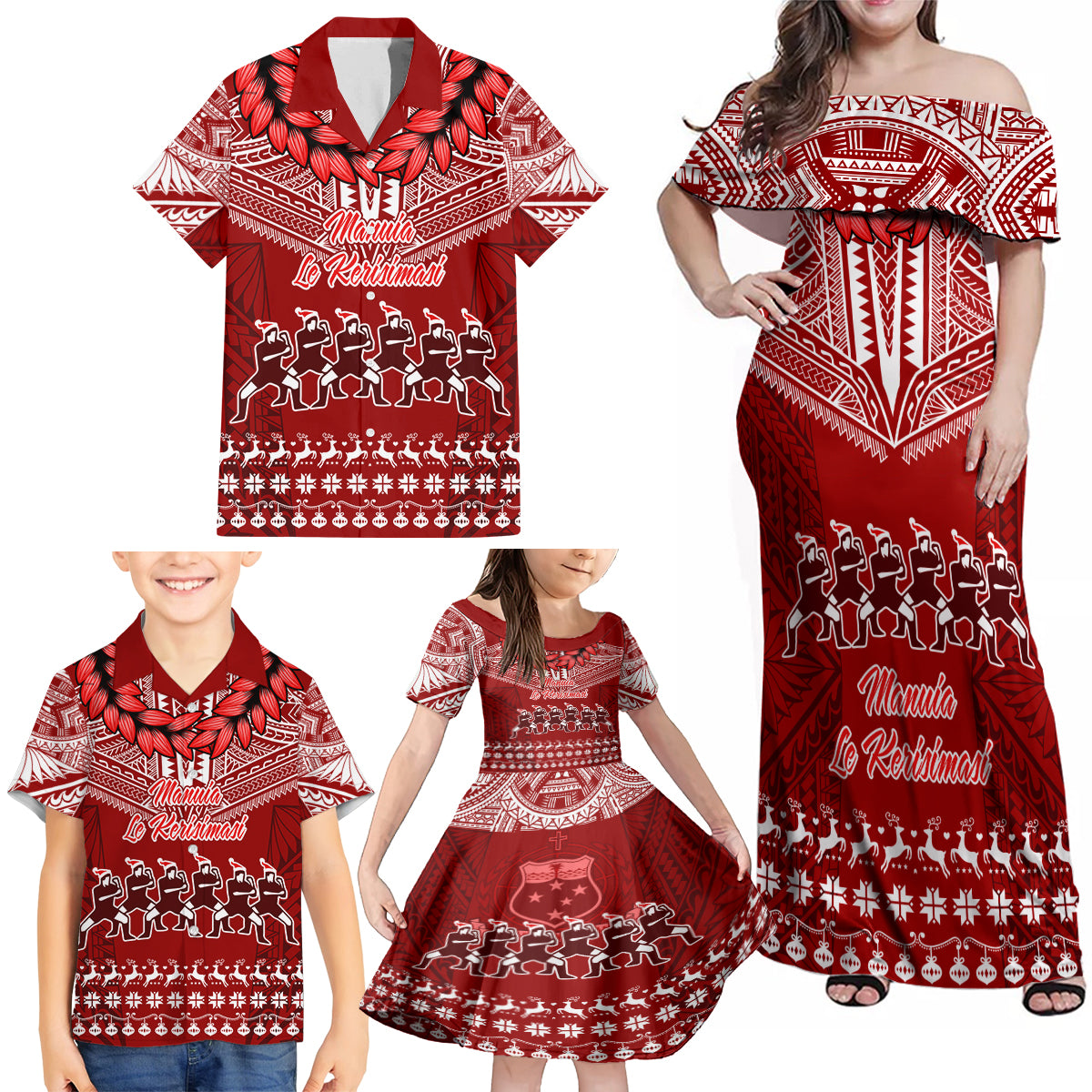 Personalised Toa Samoa Christmas Family Matching Off Shoulder Maxi Dress and Hawaiian Shirt Samoa Siva Tau Manuia Le Kerisimasi Red Vibe LT9 - Wonder Print Shop