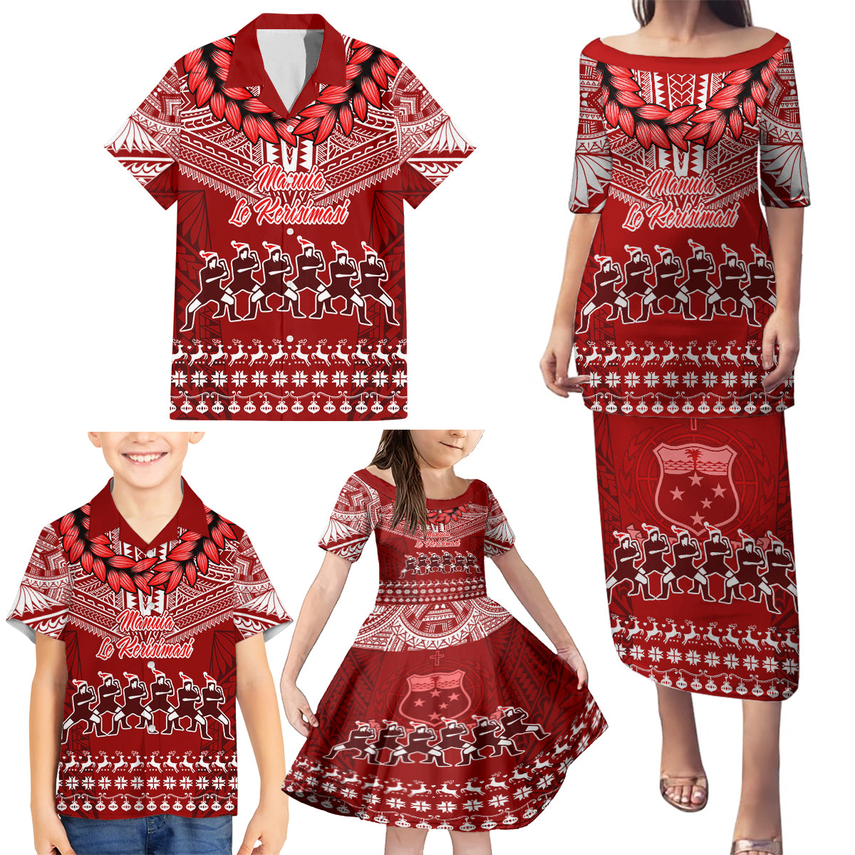 Personalised Toa Samoa Christmas Family Matching Puletasi Dress and Hawaiian Shirt Samoa Siva Tau Manuia Le Kerisimasi Red Vibe - Wonder Print Shop