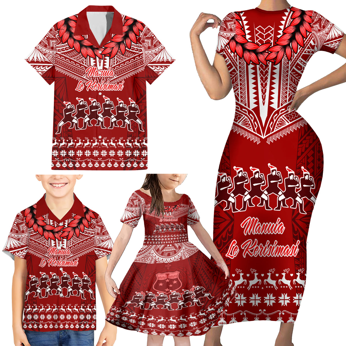 Personalised Toa Samoa Christmas Family Matching Short Sleeve Bodycon Dress and Hawaiian Shirt Samoa Siva Tau Manuia Le Kerisimasi Red Vibe - Wonder Print Shop