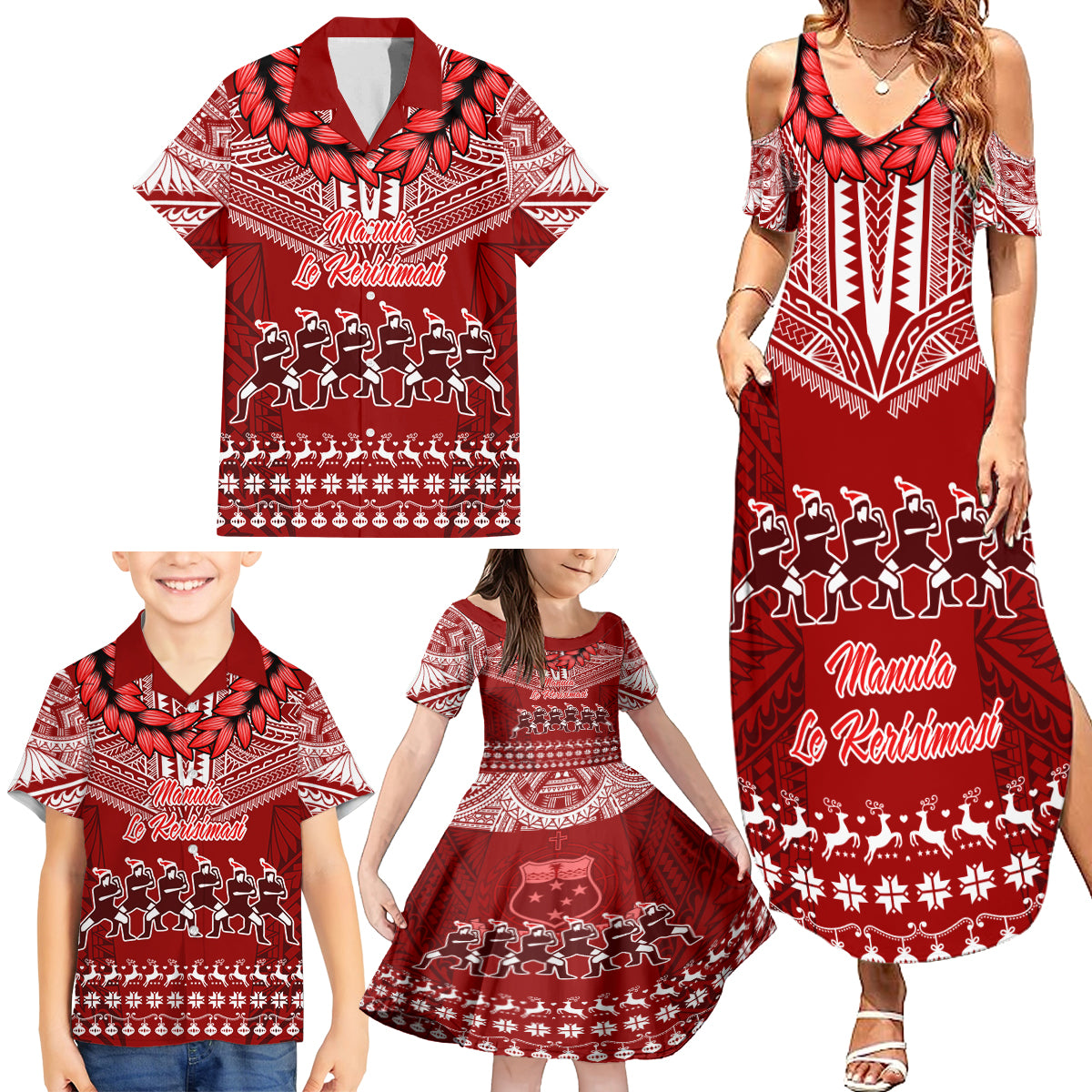 Personalised Toa Samoa Christmas Family Matching Summer Maxi Dress and Hawaiian Shirt Samoa Siva Tau Manuia Le Kerisimasi Red Vibe - Wonder Print Shop