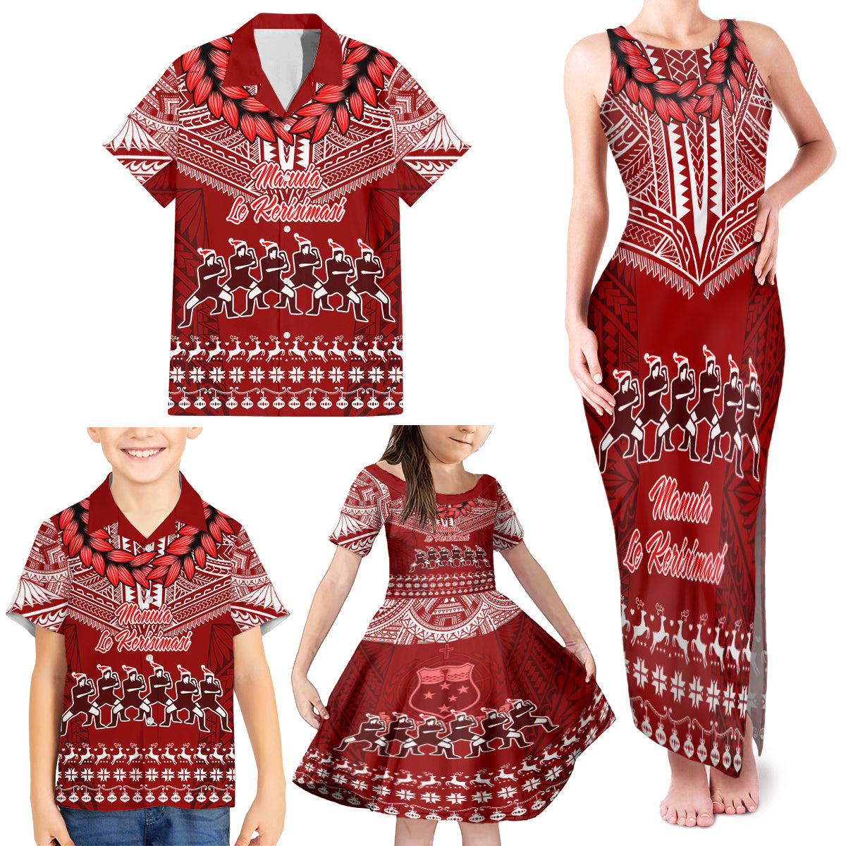 Personalised Toa Samoa Christmas Family Matching Tank Maxi Dress and Hawaiian Shirt Samoa Siva Tau Manuia Le Kerisimasi Red Vibe - Wonder Print Shop