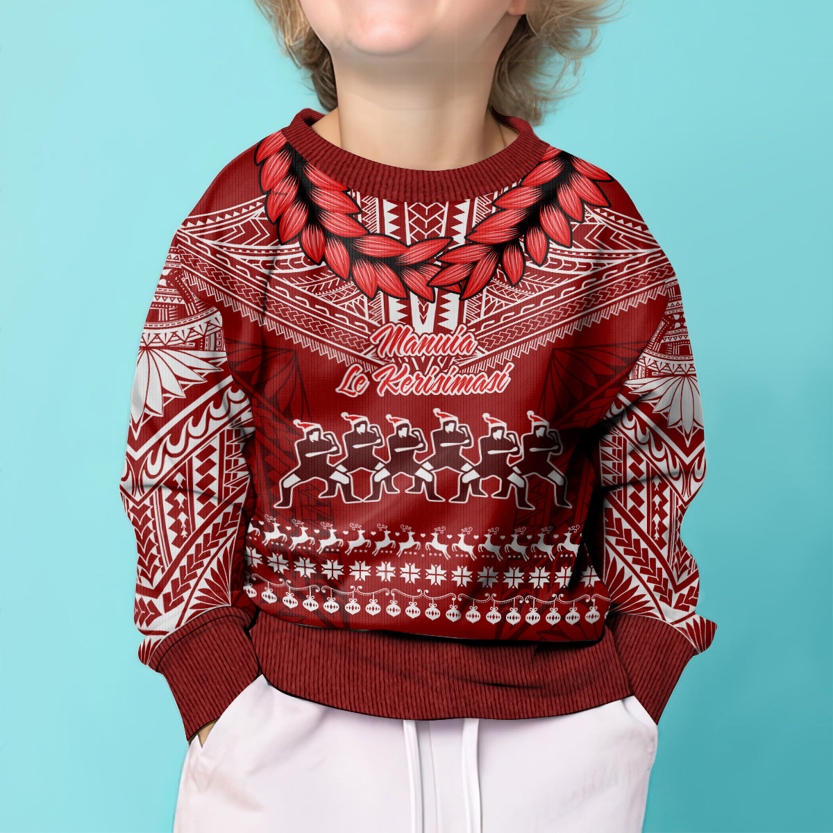 Personalised Toa Samoa Christmas Kid Ugly Christmas Sweater Samoa Siva Tau Manuia Le Kerisimasi Red Vibe - Wonder Print Shop