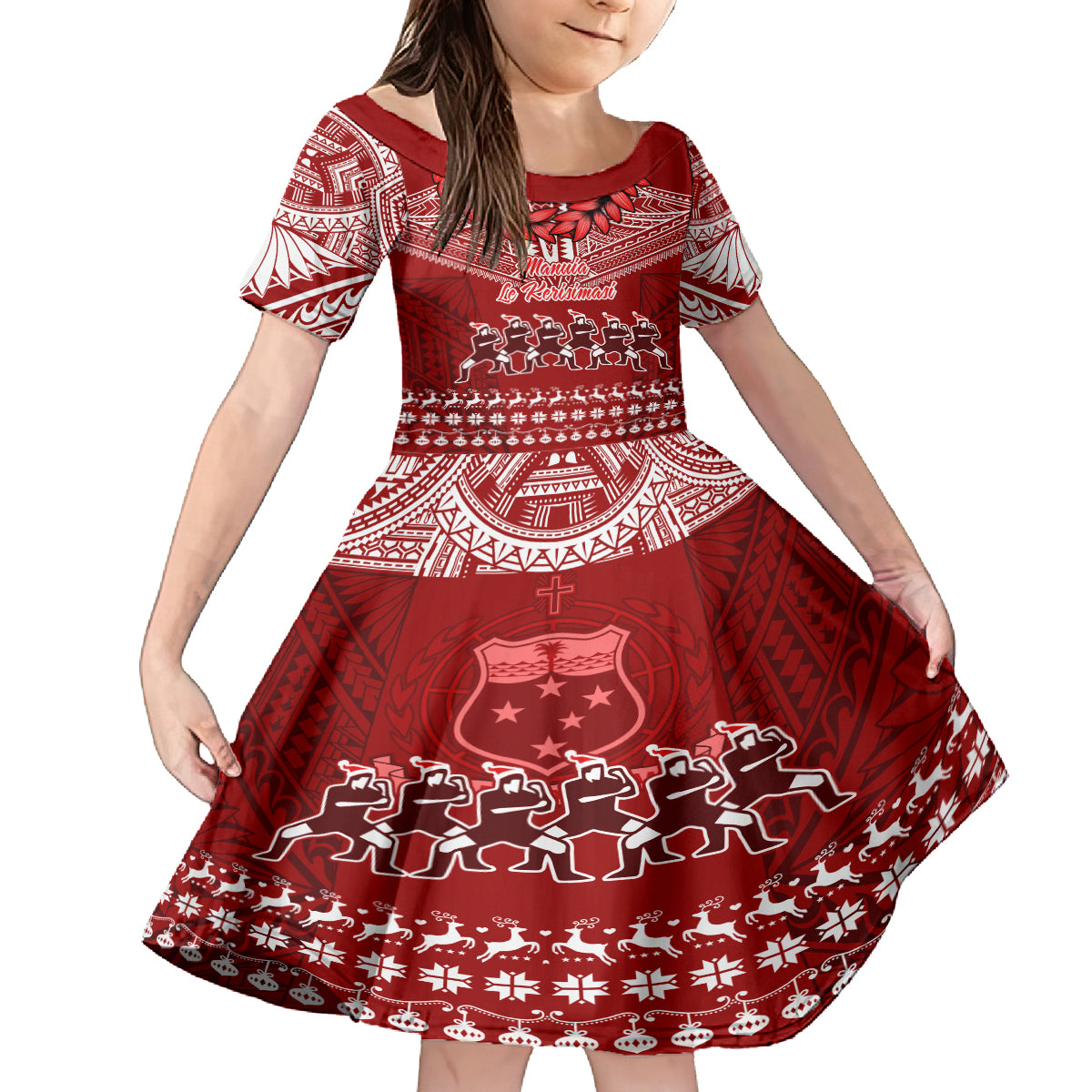 Personalised Toa Samoa Christmas Kid Short Sleeve Dress Samoa Siva Tau Manuia Le Kerisimasi Red Vibe - Wonder Print Shop