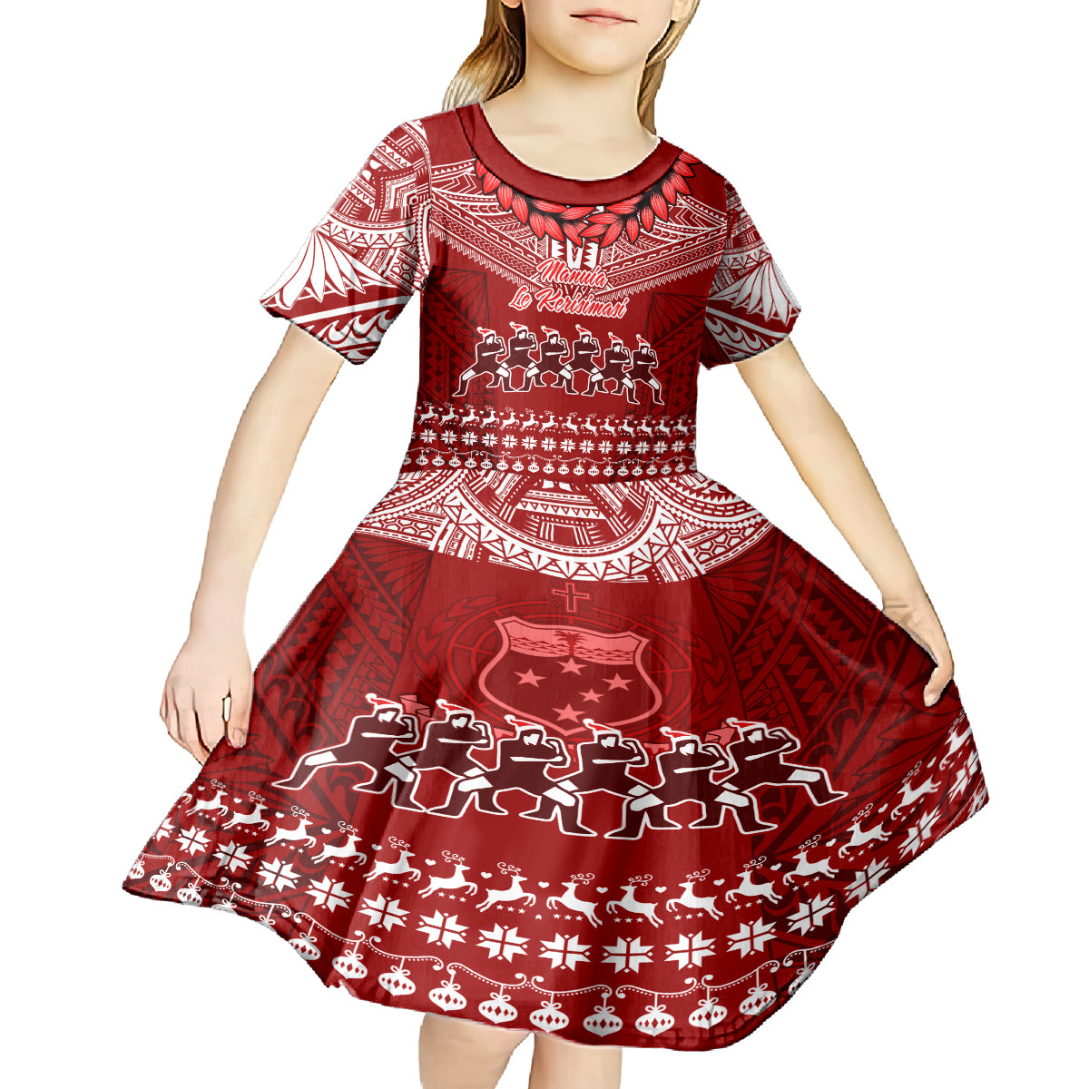 Personalised Toa Samoa Christmas Kid Short Sleeve Dress Samoa Siva Tau Manuia Le Kerisimasi Red Vibe - Wonder Print Shop