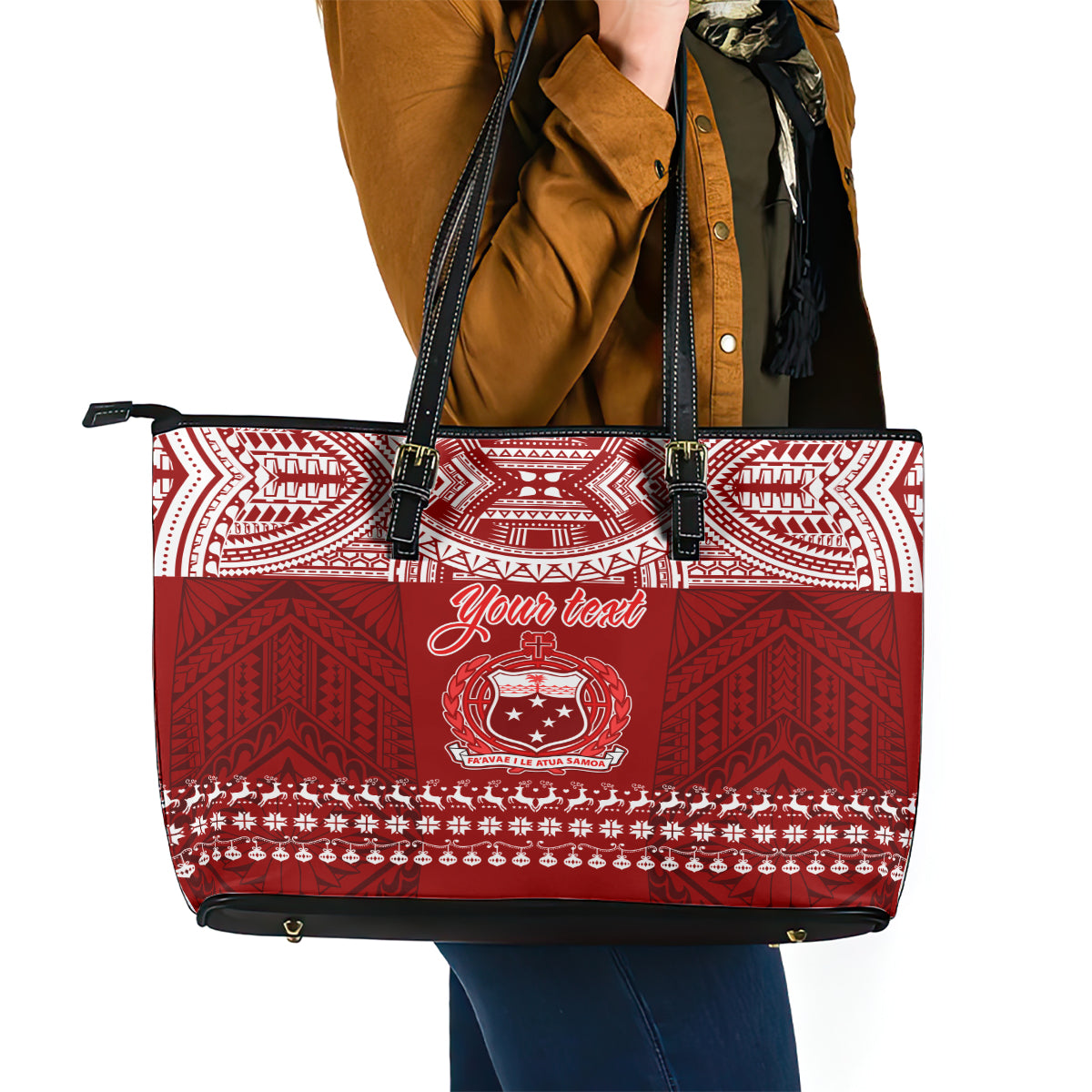 Personalised Toa Samoa Christmas Leather Tote Bag Samoa Siva Tau Manuia Le Kerisimasi Red Vibe - Wonder Print Shop