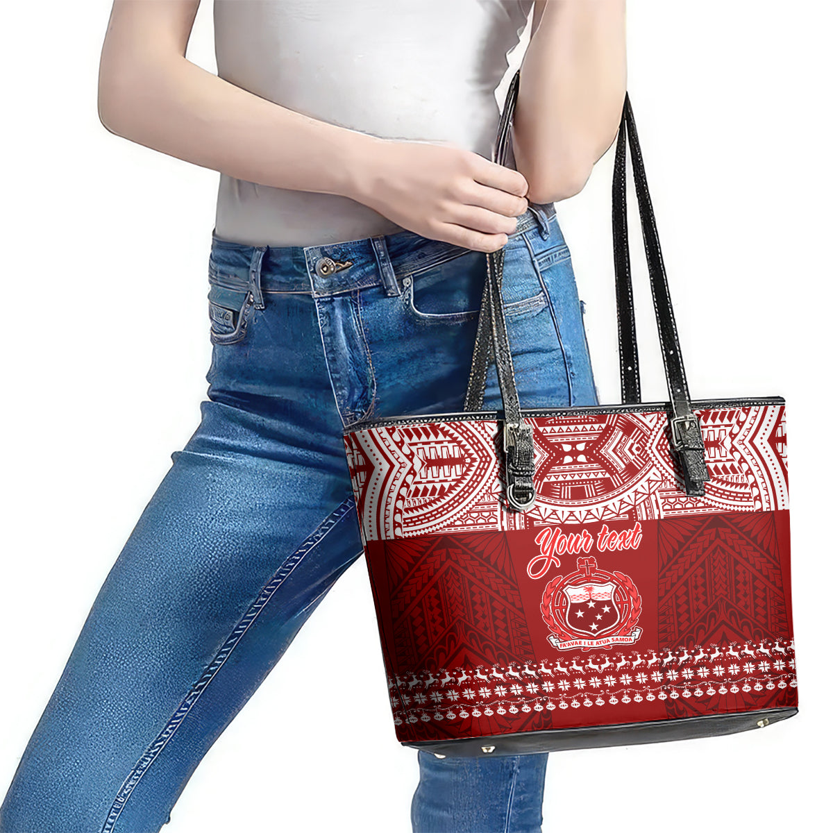 Personalised Toa Samoa Christmas Leather Tote Bag Samoa Siva Tau Manuia Le Kerisimasi Red Vibe - Wonder Print Shop