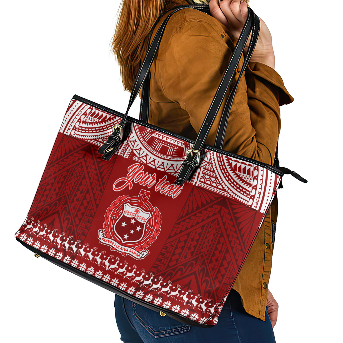 Personalised Toa Samoa Christmas Leather Tote Bag Samoa Siva Tau Manuia Le Kerisimasi Red Vibe - Wonder Print Shop