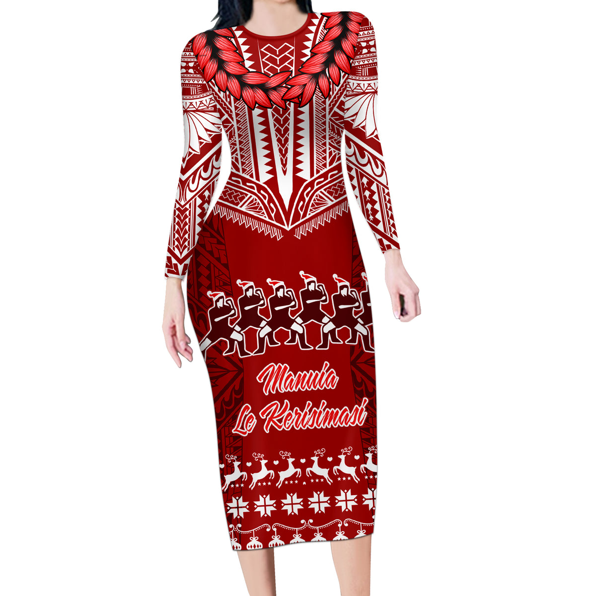 Personalised Toa Samoa Christmas Long Sleeve Bodycon Dress Samoa Siva Tau Manuia Le Kerisimasi Red Vibe - Wonder Print Shop