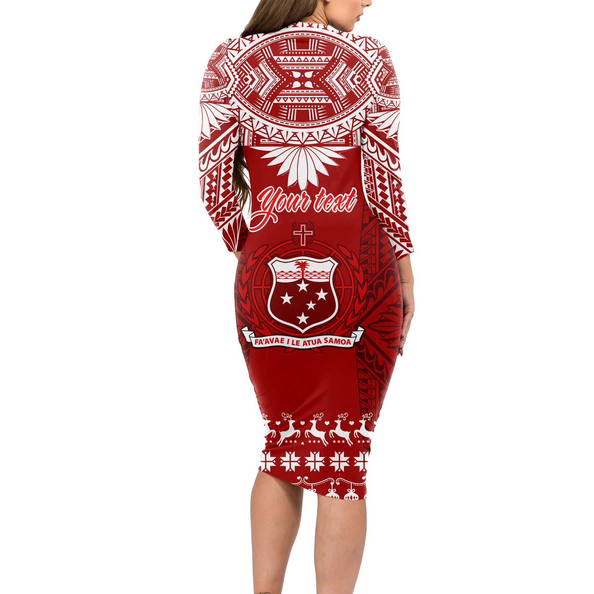 Personalised Toa Samoa Christmas Long Sleeve Bodycon Dress Samoa Siva Tau Manuia Le Kerisimasi Red Vibe - Wonder Print Shop