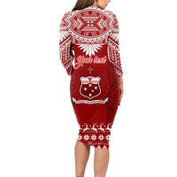Personalised Toa Samoa Christmas Long Sleeve Bodycon Dress Samoa Siva Tau Manuia Le Kerisimasi Red Vibe - Wonder Print Shop