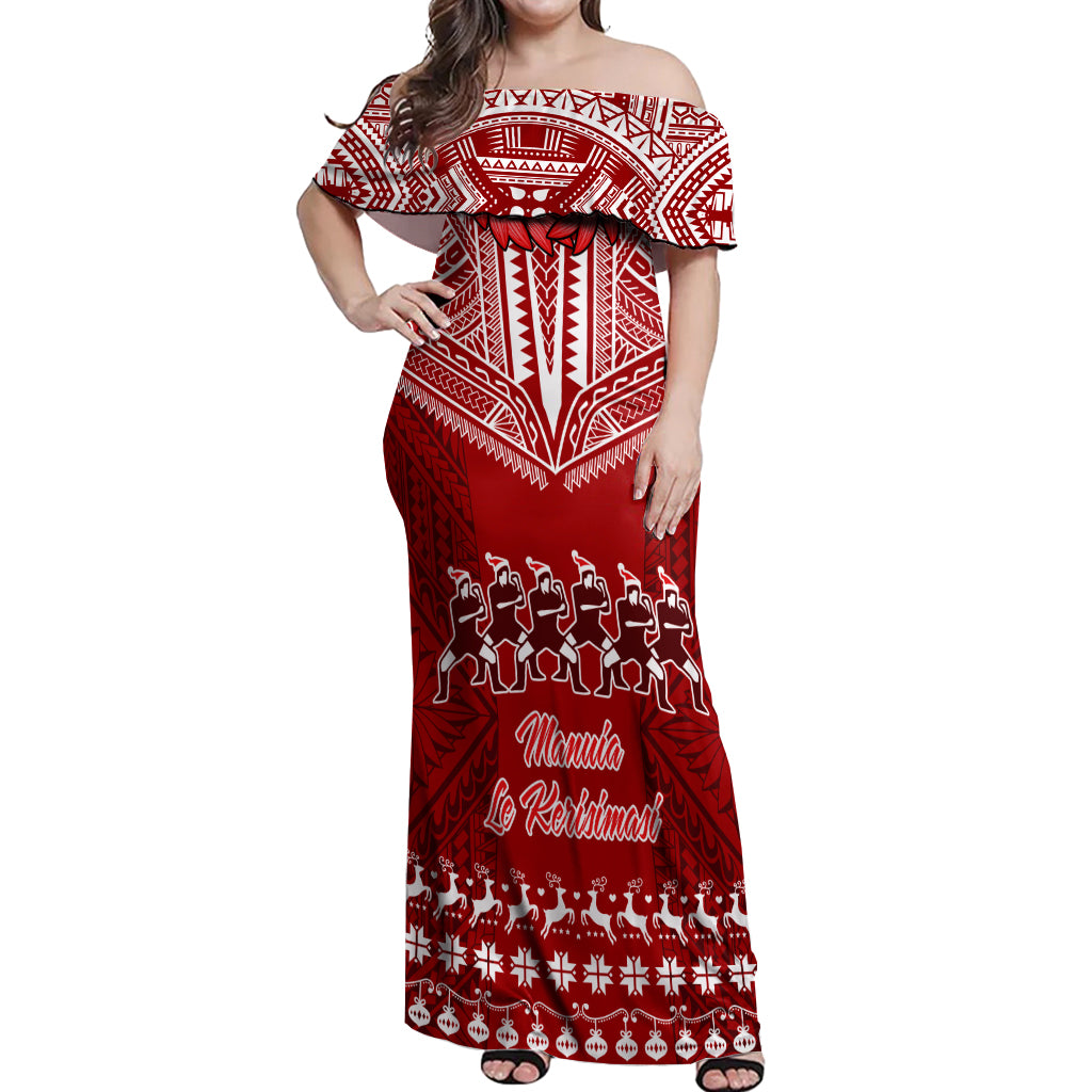 Personalised Toa Samoa Christmas Off Shoulder Maxi Dress Samoa Siva Tau Manuia Le Kerisimasi Red Vibe - Wonder Print Shop