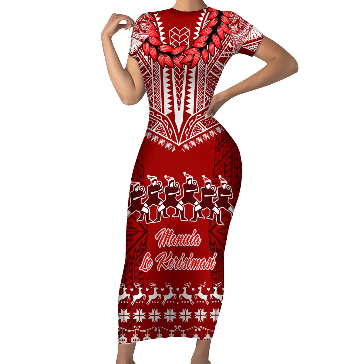 Personalised Toa Samoa Christmas Short Sleeve Bodycon Dress Samoa Siva Tau Manuia Le Kerisimasi Red Vibe - Wonder Print Shop