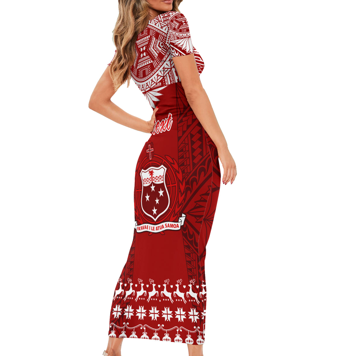 Personalised Toa Samoa Christmas Short Sleeve Bodycon Dress Samoa Siva Tau Manuia Le Kerisimasi Red Vibe - Wonder Print Shop
