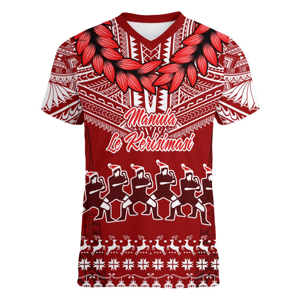 Personalised Toa Samoa Christmas Women V Neck T Shirt Samoa Siva Tau Manuia Le Kerisimasi Red Vibe - Wonder Print Shop