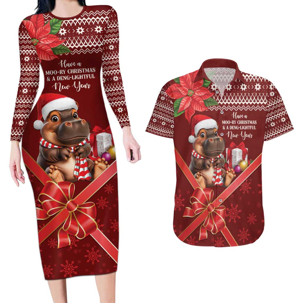 Funny Moo Deng Christmas Couples Matching Long Sleeve Bodycon Dress and Hawaiian Shirt LT9 - Wonder Print Shop