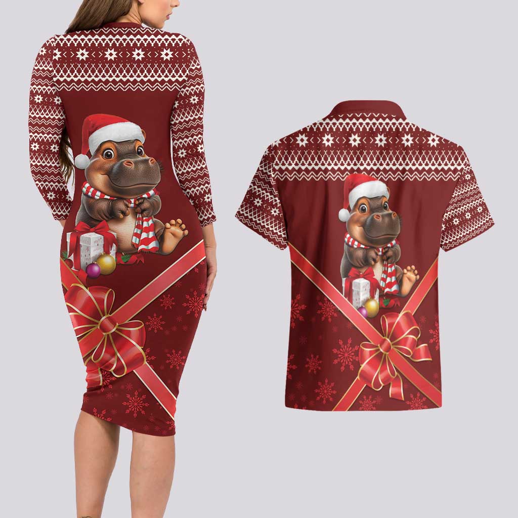 Funny Moo Deng Christmas Couples Matching Long Sleeve Bodycon Dress and Hawaiian Shirt LT9 - Wonder Print Shop
