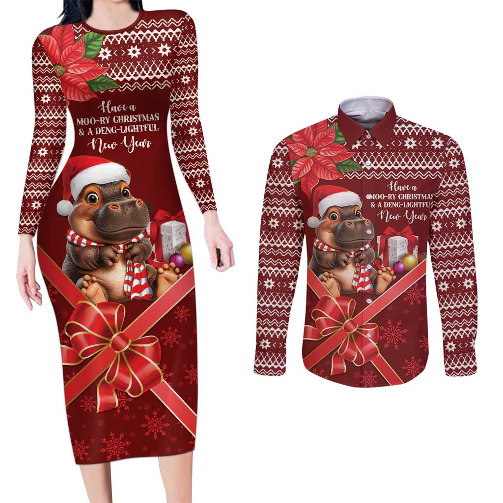 Funny Moo Deng Christmas Couples Matching Long Sleeve Bodycon Dress and Long Sleeve Button Shirt LT9 - Wonder Print Shop