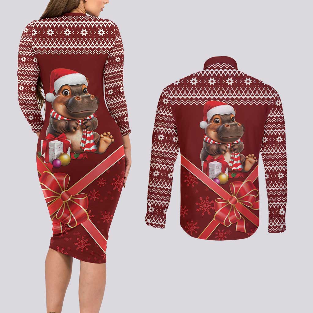 Funny Moo Deng Christmas Couples Matching Long Sleeve Bodycon Dress and Long Sleeve Button Shirt LT9 - Wonder Print Shop