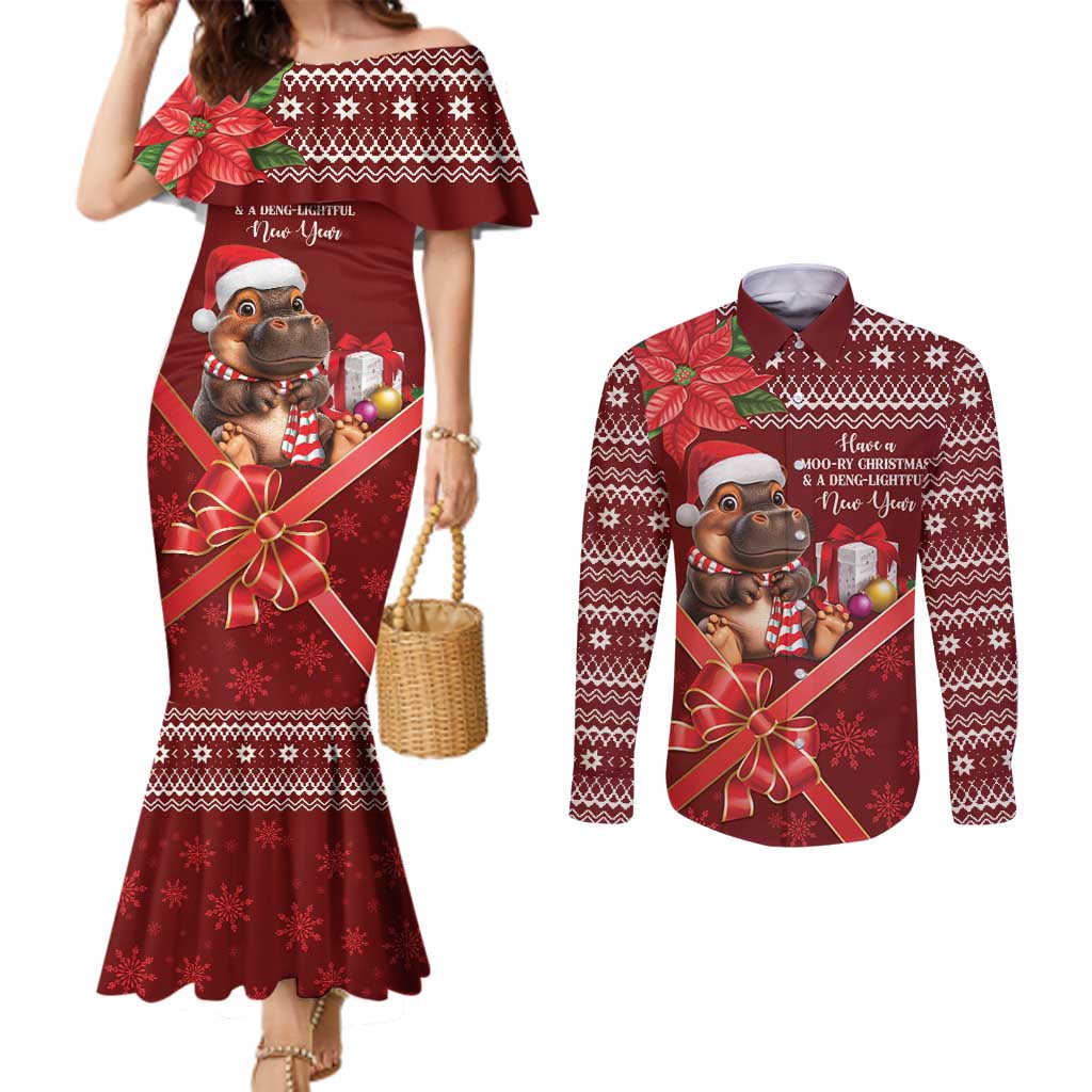 Funny Moo Deng Christmas Couples Matching Mermaid Dress and Long Sleeve Button Shirt