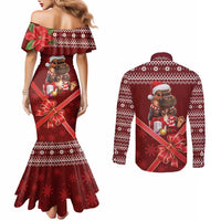 Funny Moo Deng Christmas Couples Matching Mermaid Dress and Long Sleeve Button Shirt