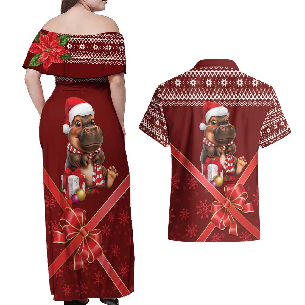 Funny Moo Deng Christmas Couples Matching Off Shoulder Maxi Dress and Hawaiian Shirt LT9 - Wonder Print Shop