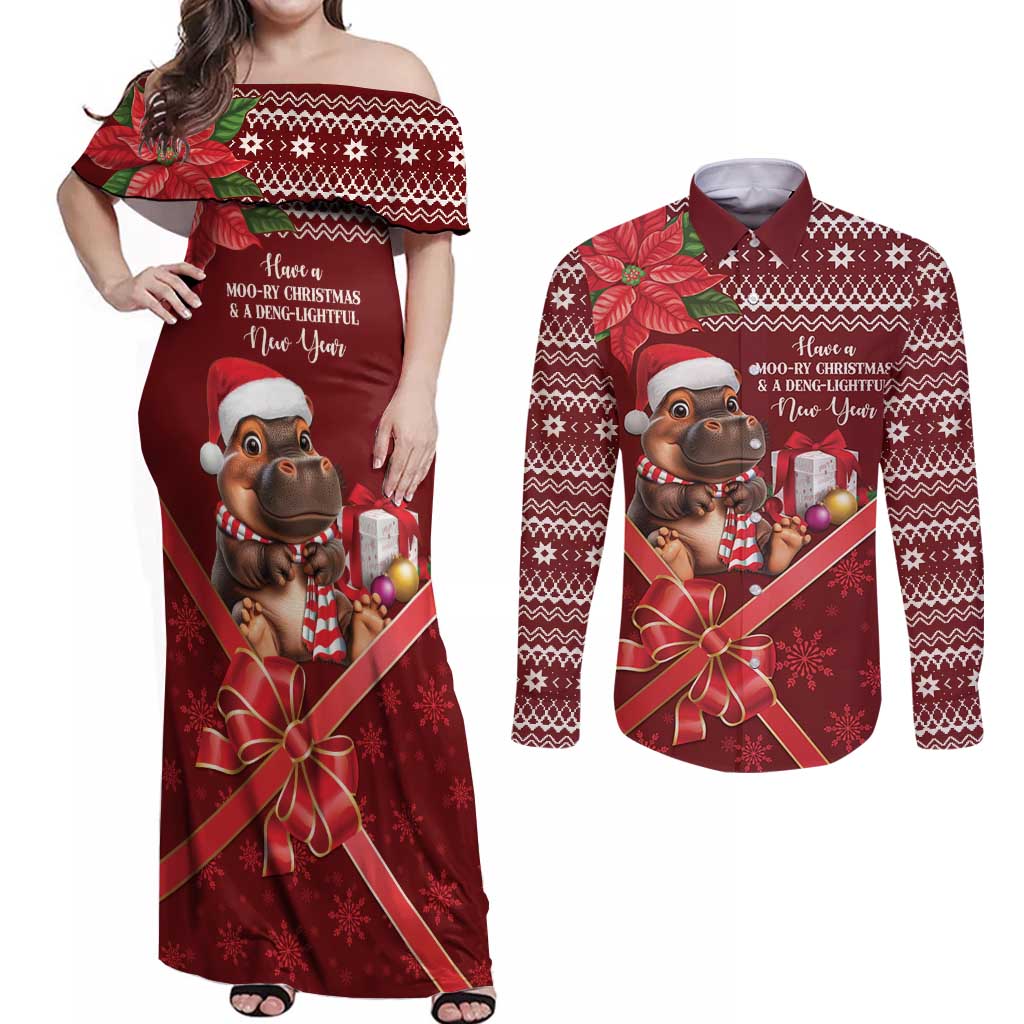 Funny Moo Deng Christmas Couples Matching Off Shoulder Maxi Dress and Long Sleeve Button Shirt LT9 - Wonder Print Shop