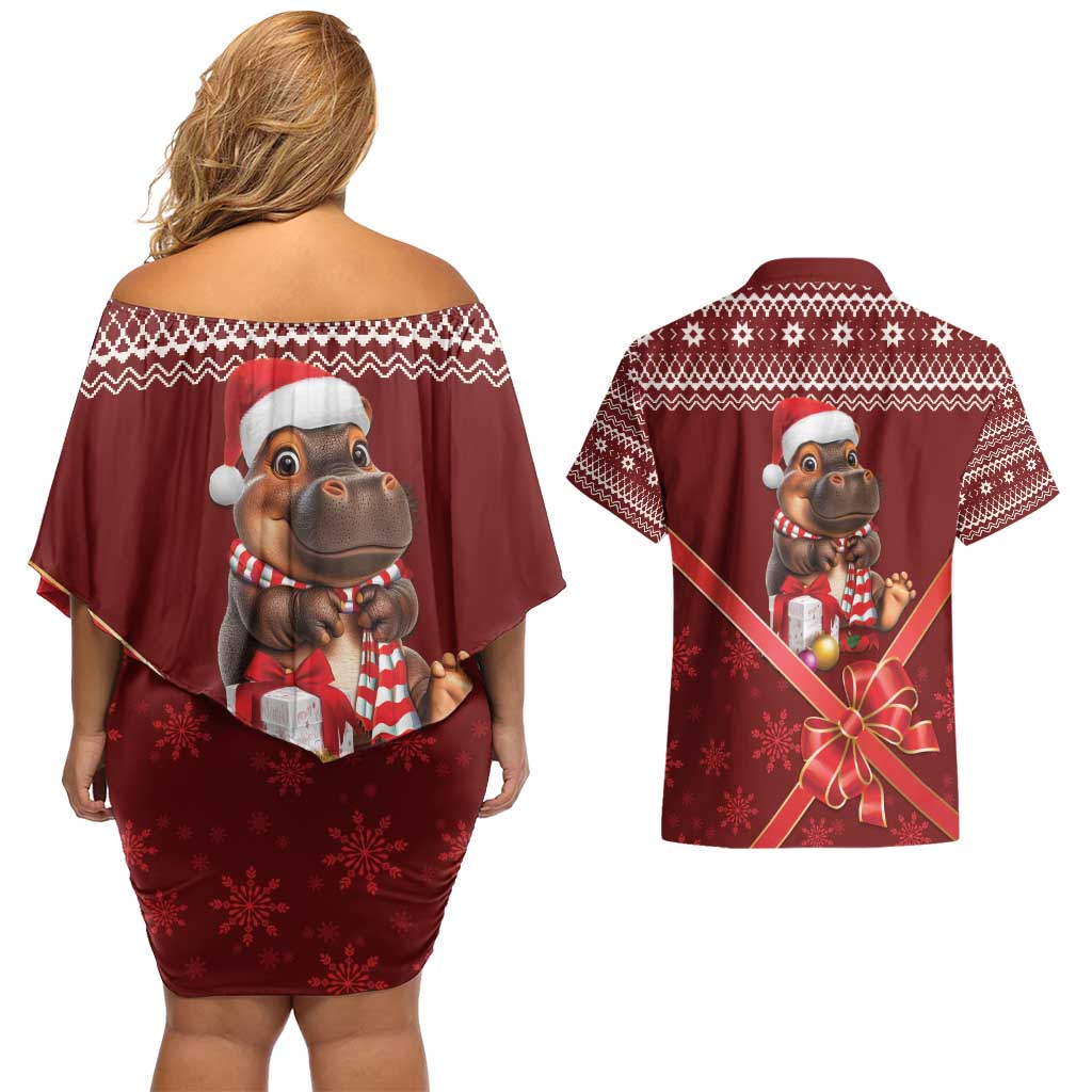 Funny Moo Deng Christmas Couples Matching Off Shoulder Short Dress and Hawaiian Shirt LT9 - Wonder Print Shop