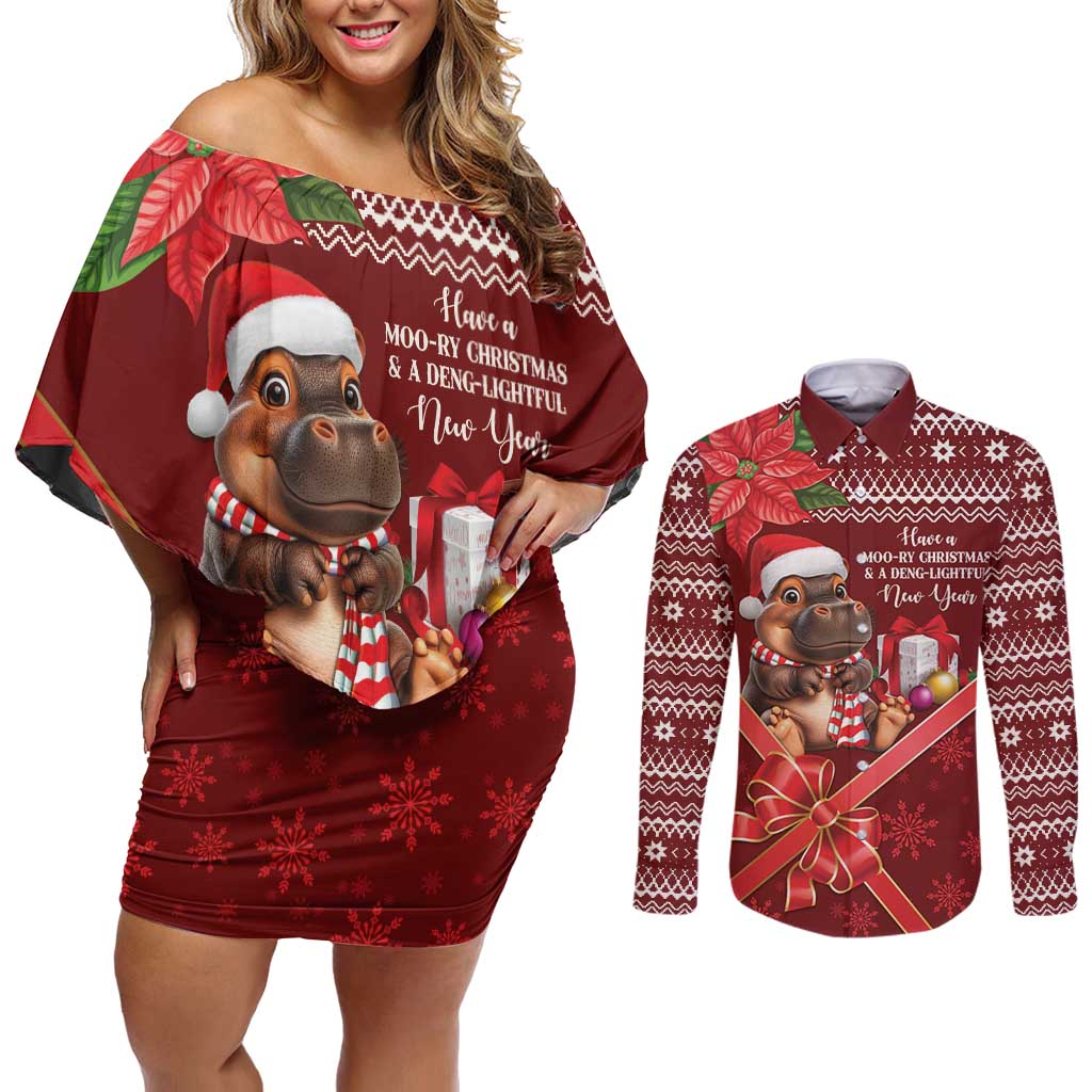 Funny Moo Deng Christmas Couples Matching Off Shoulder Short Dress and Long Sleeve Button Shirt LT9 - Wonder Print Shop