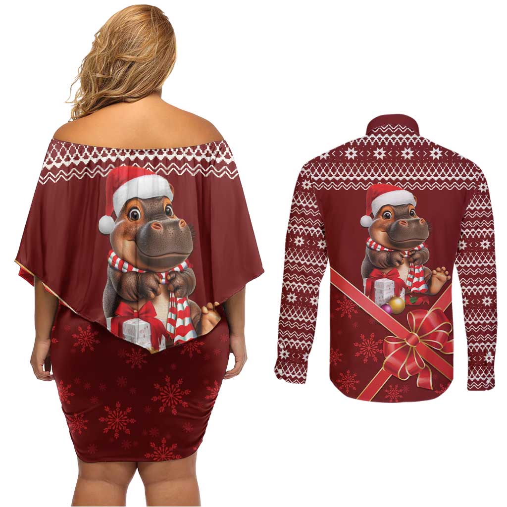 Funny Moo Deng Christmas Couples Matching Off Shoulder Short Dress and Long Sleeve Button Shirt LT9 - Wonder Print Shop