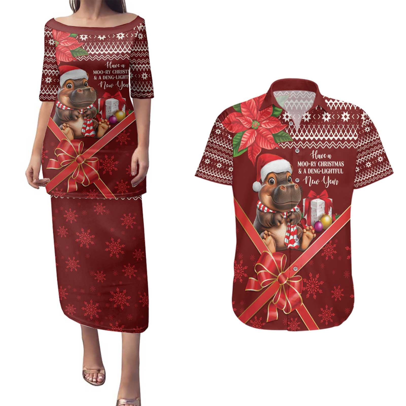 Funny Moo Deng Christmas Couples Matching Puletasi and Hawaiian Shirt LT9 - Wonder Print Shop