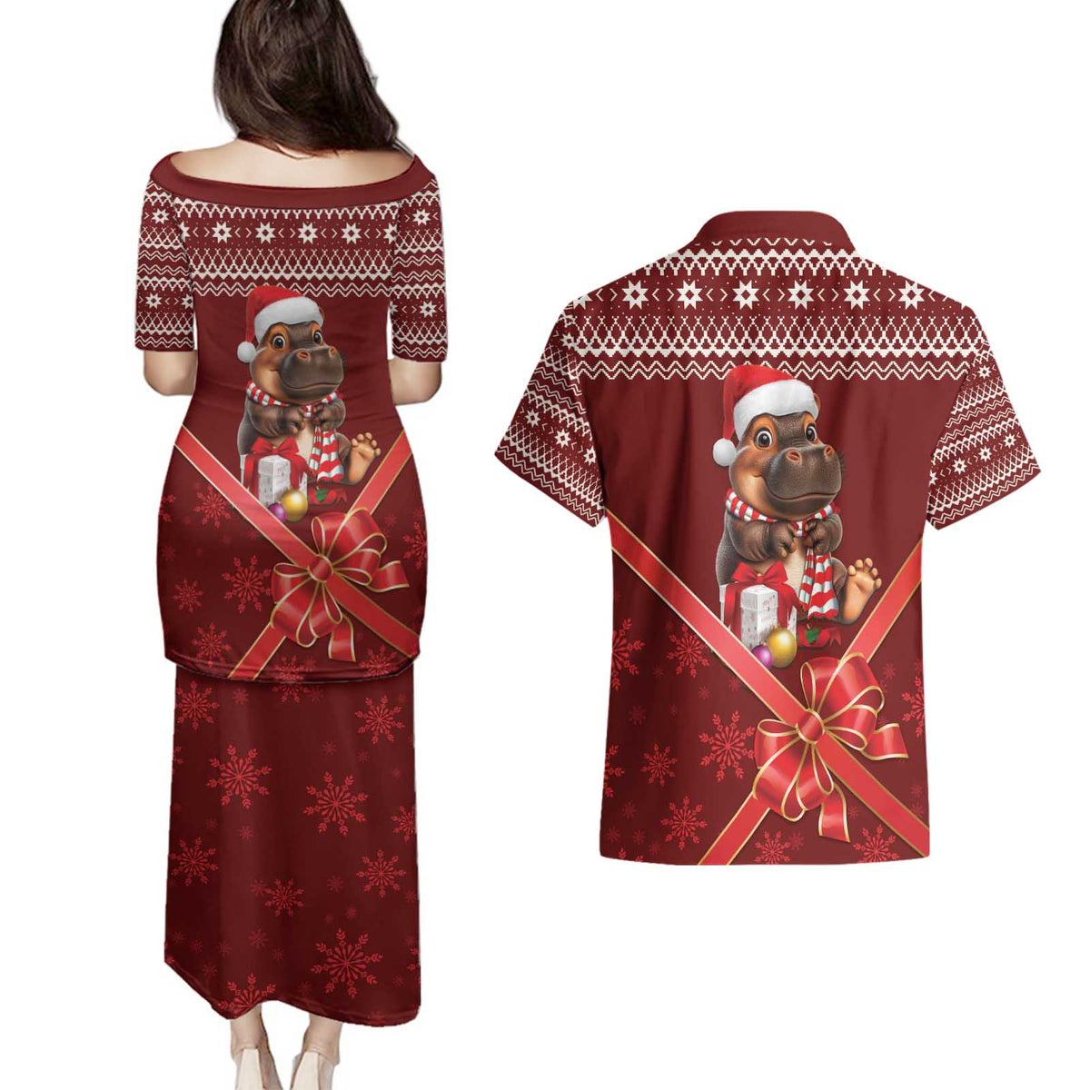 Funny Moo Deng Christmas Couples Matching Puletasi and Hawaiian Shirt LT9 - Wonder Print Shop