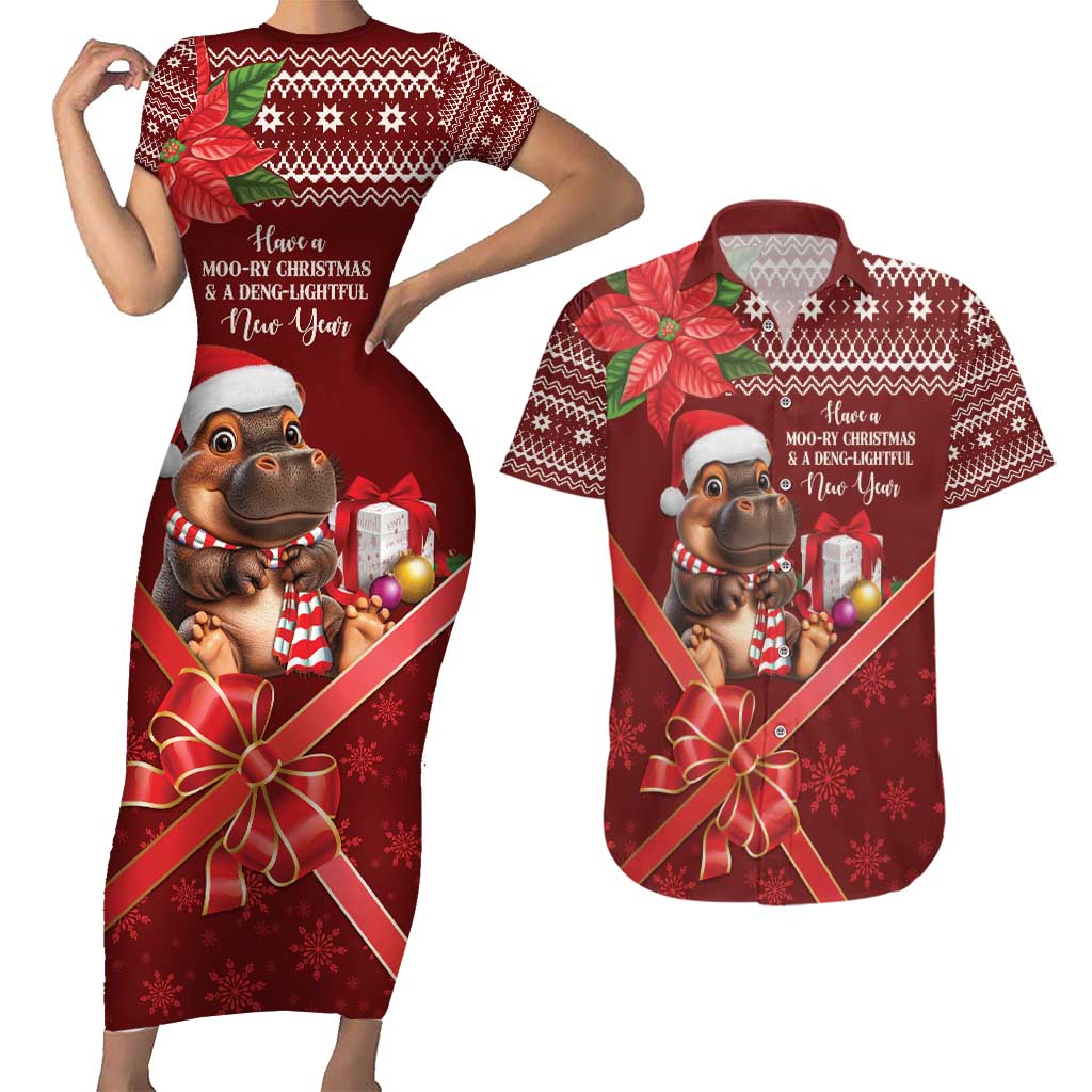 Funny Moo Deng Christmas Couples Matching Short Sleeve Bodycon Dress and Hawaiian Shirt LT9 - Wonder Print Shop
