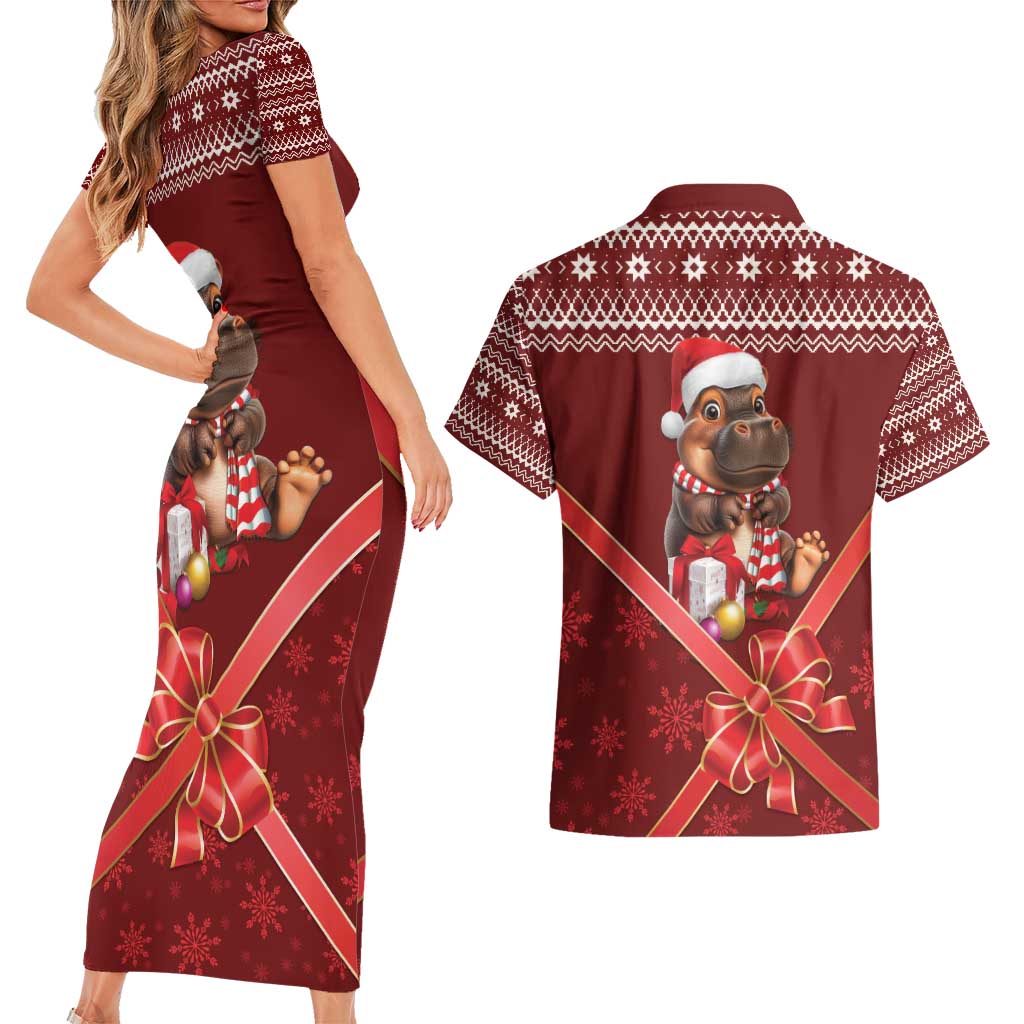 Funny Moo Deng Christmas Couples Matching Short Sleeve Bodycon Dress and Hawaiian Shirt LT9 - Wonder Print Shop