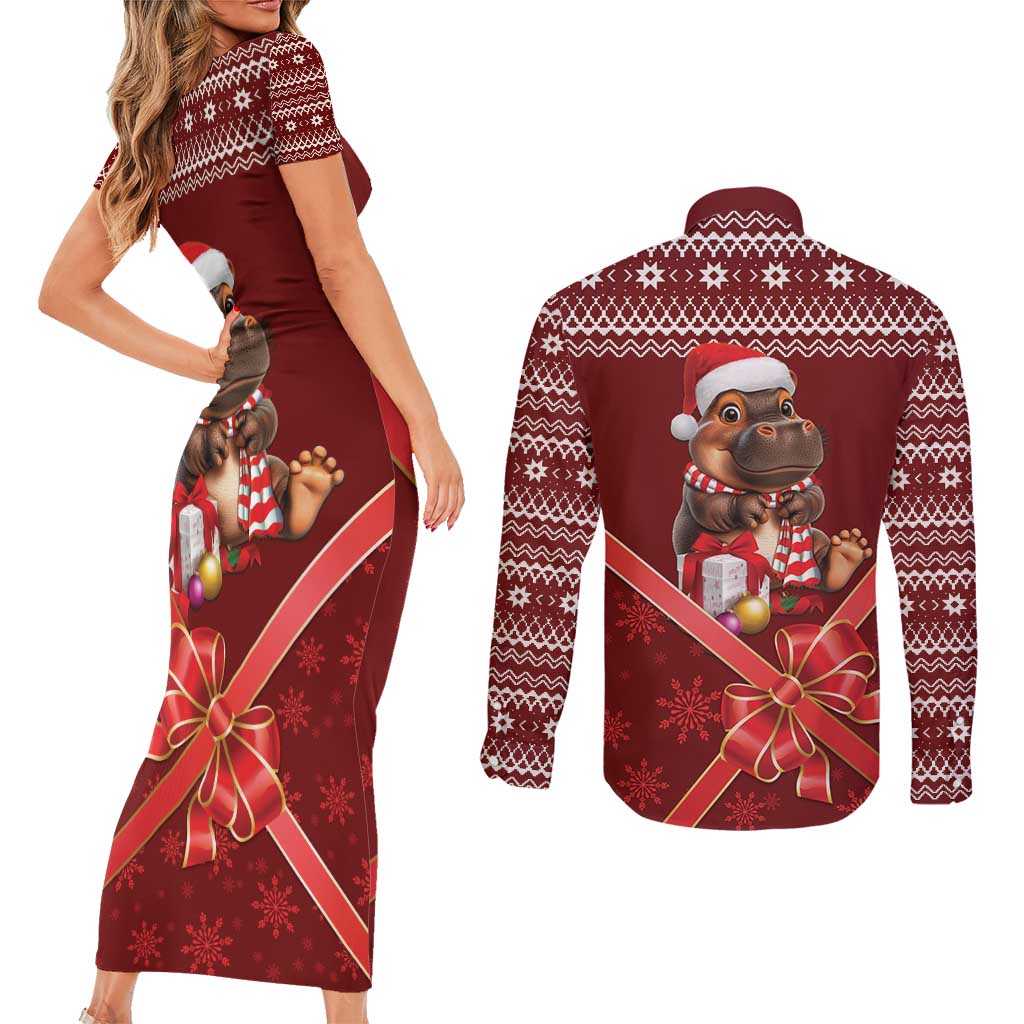 Funny Moo Deng Christmas Couples Matching Short Sleeve Bodycon Dress and Long Sleeve Button Shirt LT9 - Wonder Print Shop