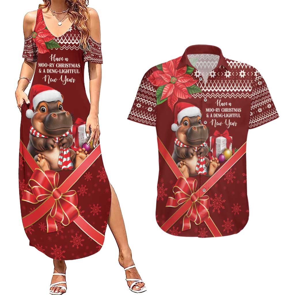 Funny Moo Deng Christmas Couples Matching Summer Maxi Dress and Hawaiian Shirt LT9 - Wonder Print Shop