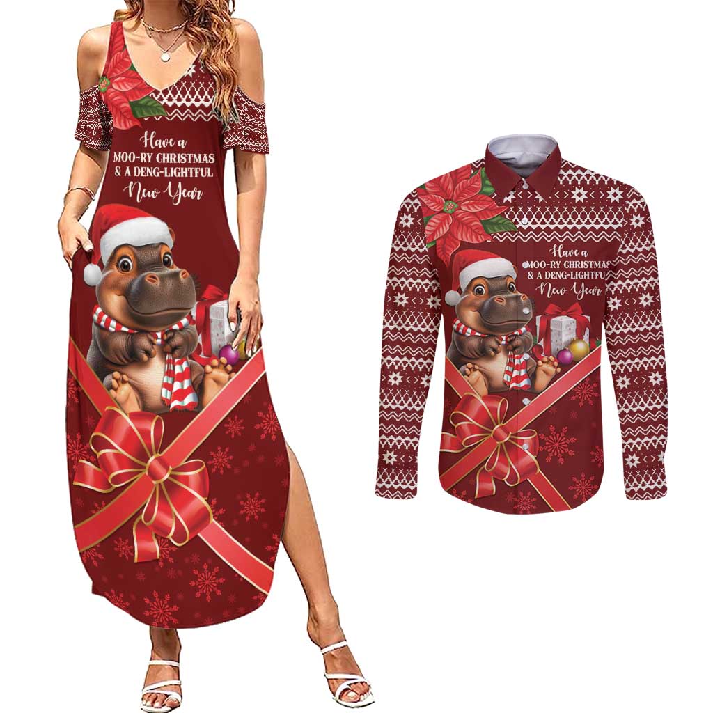 Funny Moo Deng Christmas Couples Matching Summer Maxi Dress and Long Sleeve Button Shirt LT9 - Wonder Print Shop