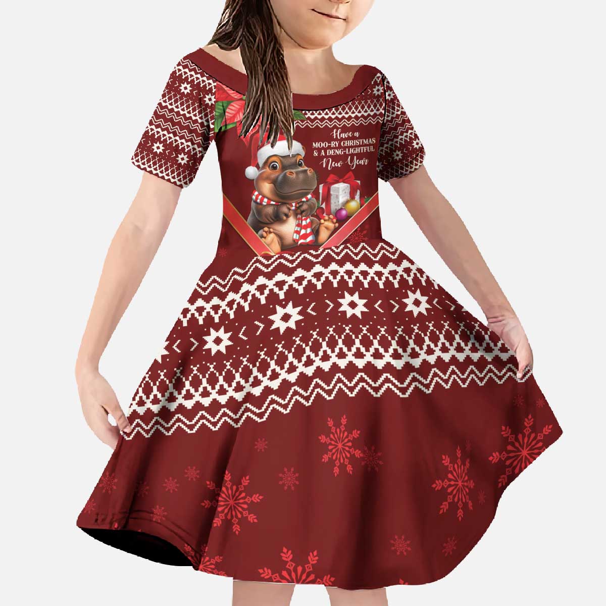 Funny Moo Deng Christmas Family Matching Off The Shoulder Long Sleeve Dress and Hawaiian Shirt - Wonder Print Shop