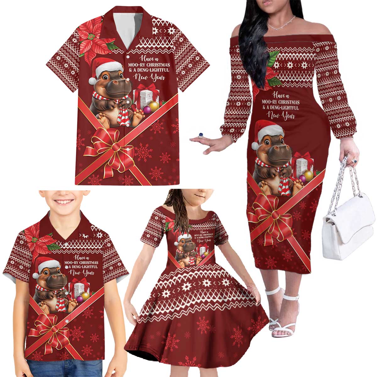 Funny Moo Deng Christmas Family Matching Off The Shoulder Long Sleeve Dress and Hawaiian Shirt - Wonder Print Shop