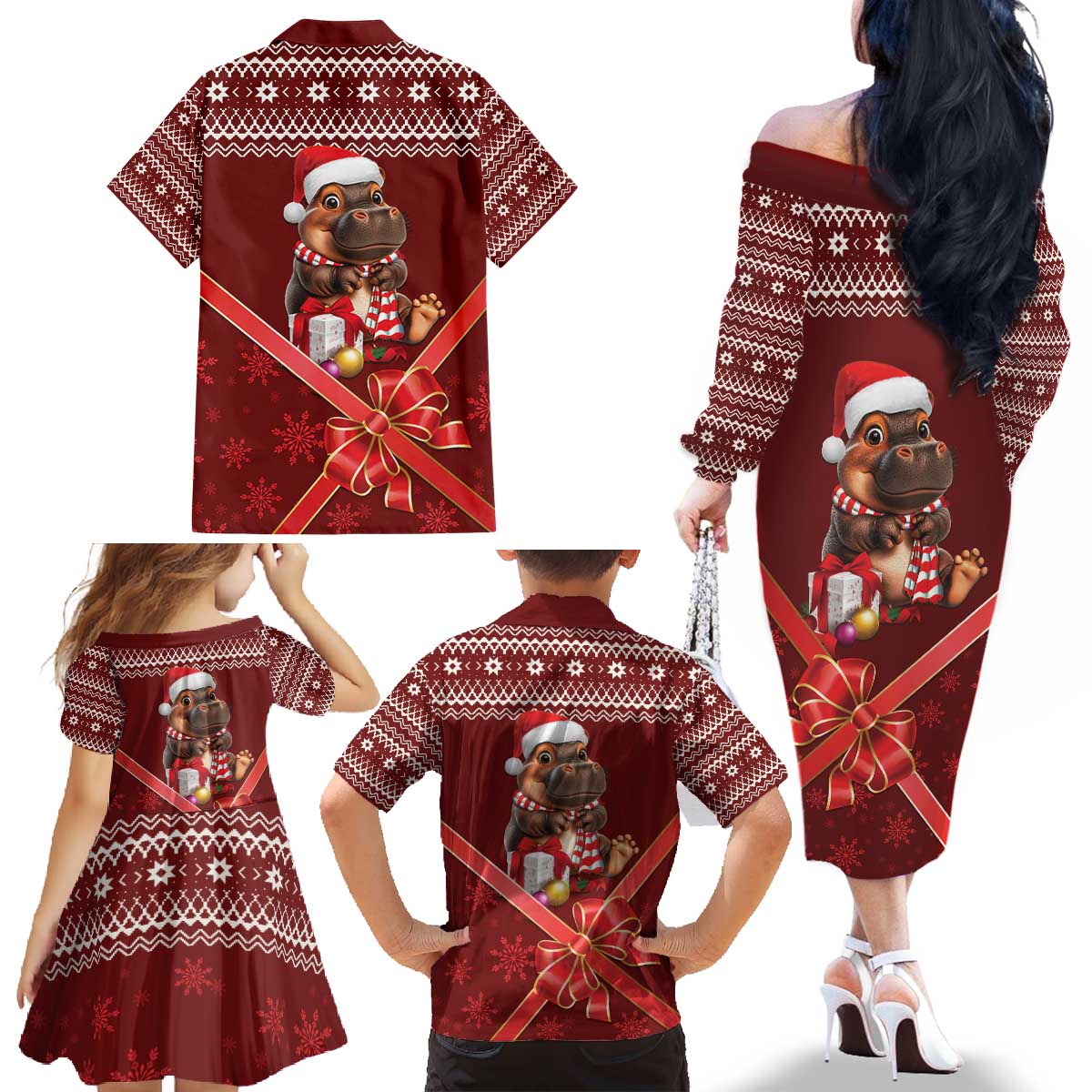 Funny Moo Deng Christmas Family Matching Off The Shoulder Long Sleeve Dress and Hawaiian Shirt - Wonder Print Shop