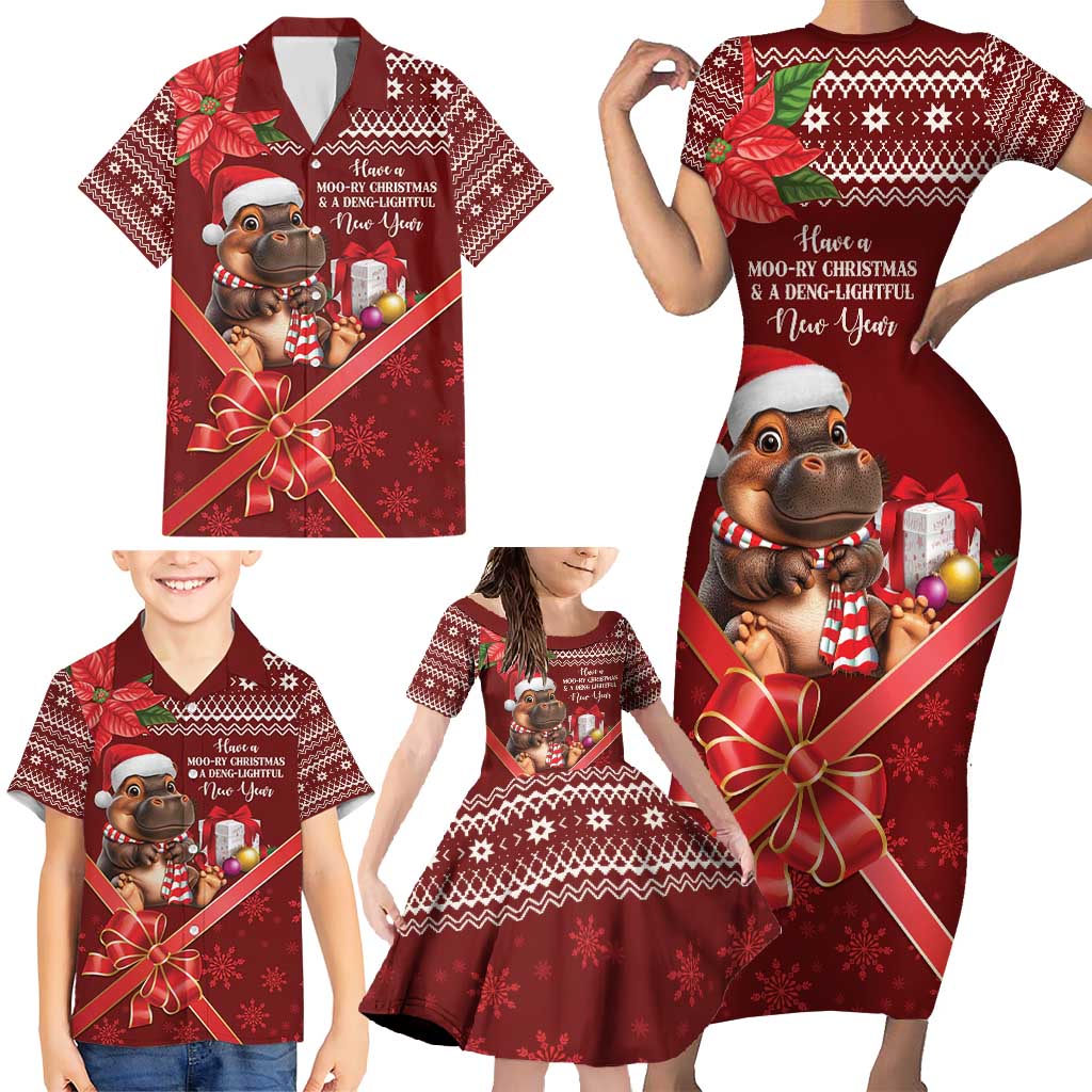 Funny Moo Deng Christmas Family Matching Short Sleeve Bodycon Dress and Hawaiian Shirt - Wonder Print Shop
