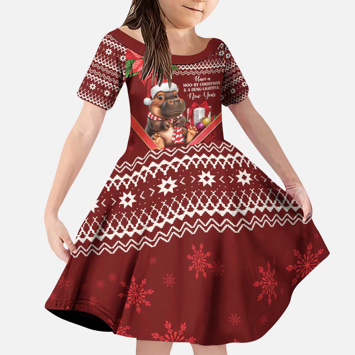 Funny Moo Deng Christmas Kid Short Sleeve Dress - Wonder Print Shop