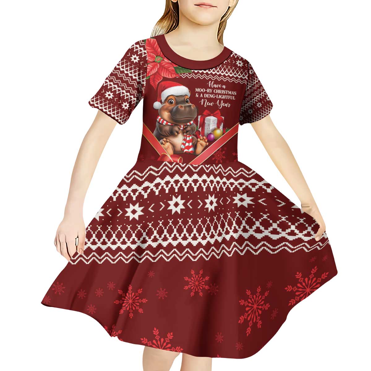 Funny Moo Deng Christmas Kid Short Sleeve Dress - Wonder Print Shop