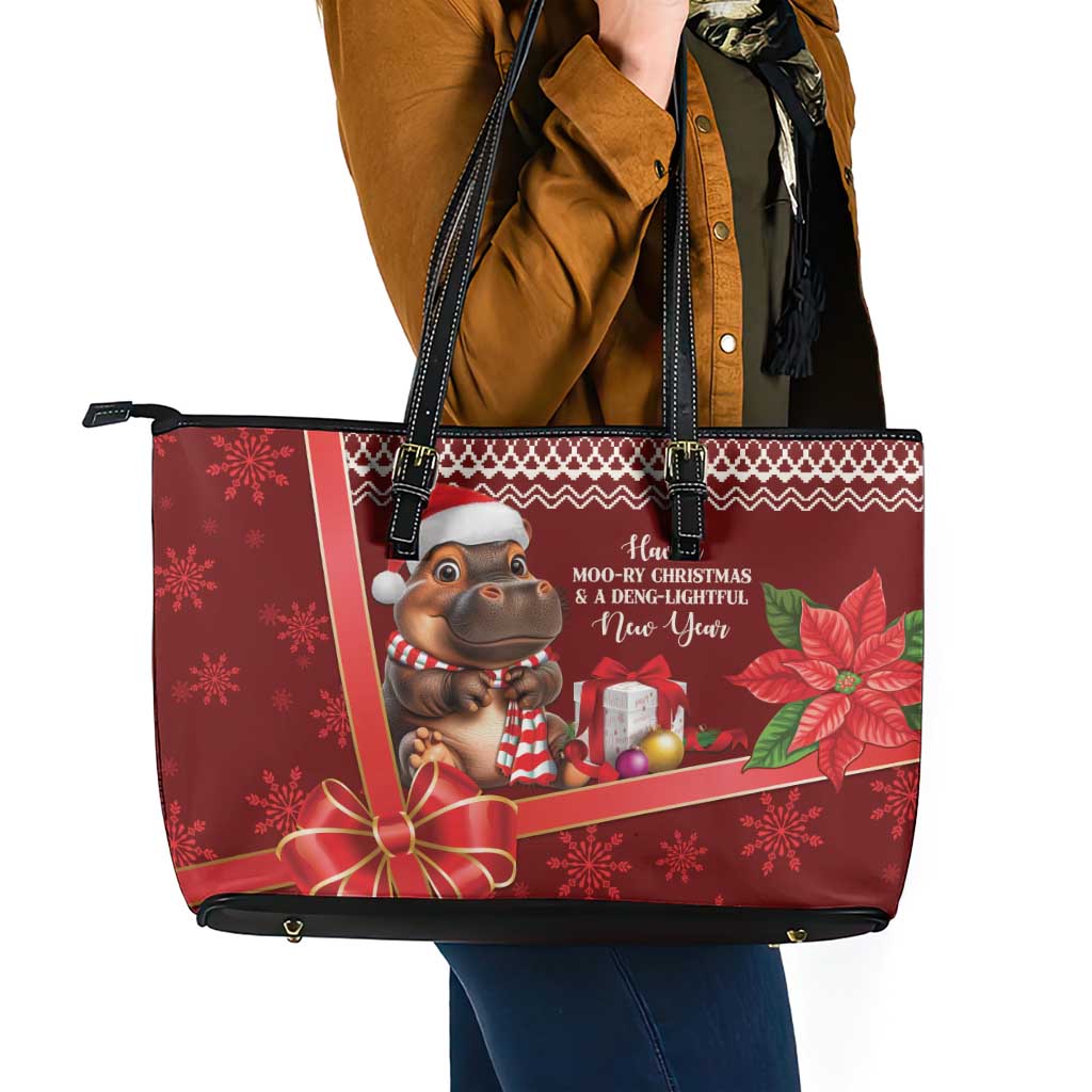 Funny Moo Deng Christmas Leather Tote Bag - Wonder Print Shop