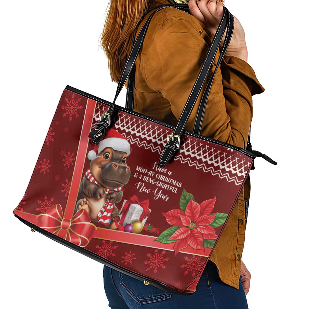 Funny Moo Deng Christmas Leather Tote Bag - Wonder Print Shop
