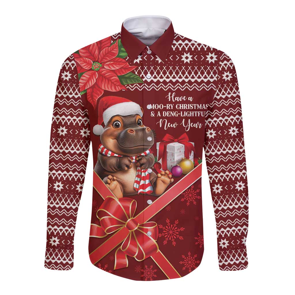 Funny Moo Deng Christmas Long Sleeve Button Shirt - Wonder Print Shop