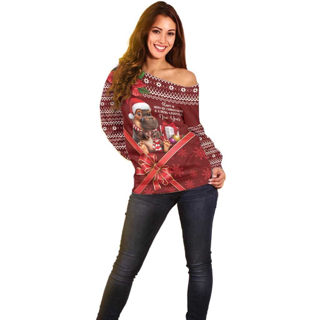 Funny Moo Deng Christmas Off Shoulder Sweater - Wonder Print Shop