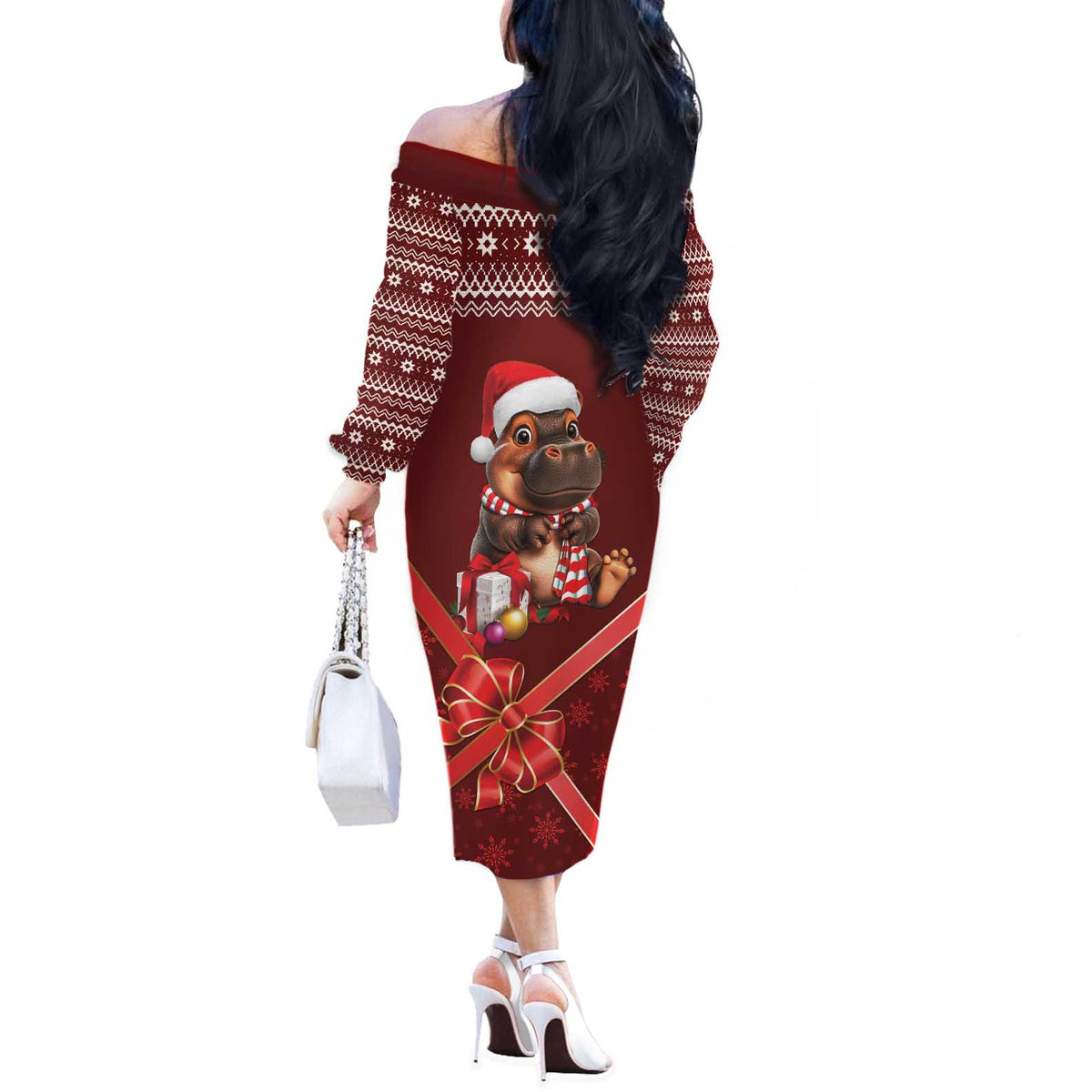 Funny Moo Deng Christmas Off The Shoulder Long Sleeve Dress - Wonder Print Shop