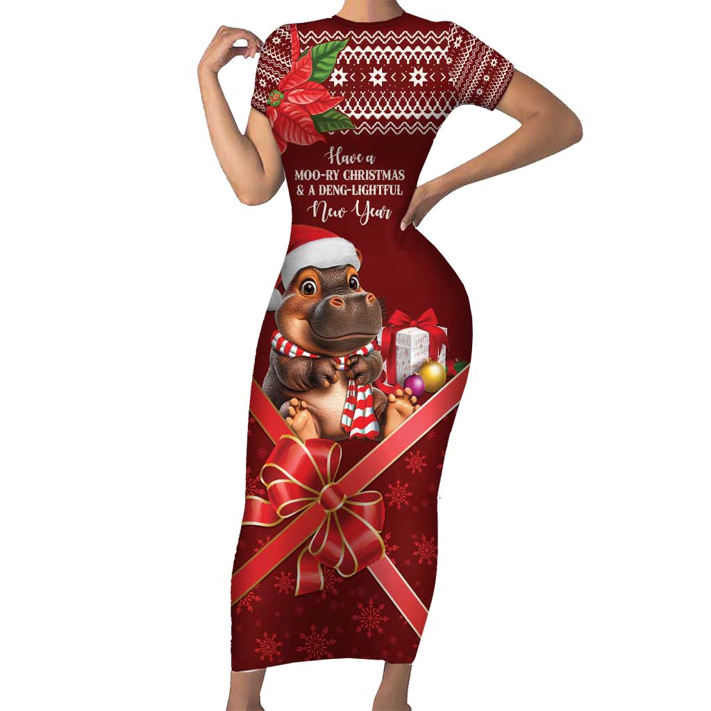 Funny Moo Deng Christmas Short Sleeve Bodycon Dress - Wonder Print Shop