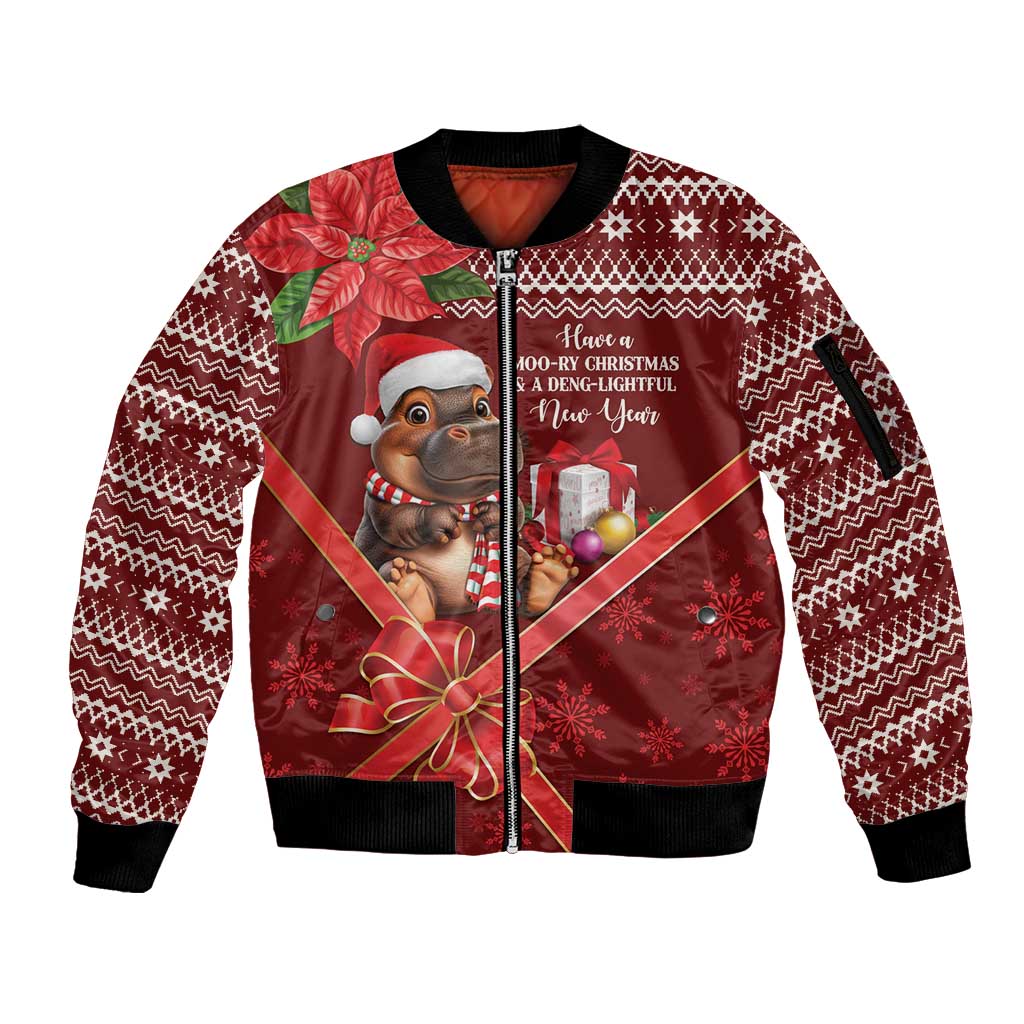 Funny Moo Deng Christmas Sleeve Zip Bomber Jacket - Wonder Print Shop